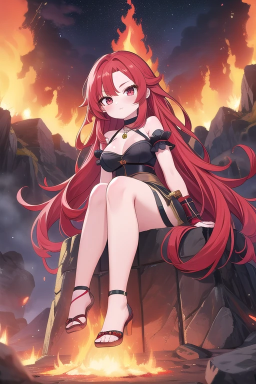 Une femme, 25 ans, cheveux longs, cheveux rouges, red hairs, red eyes, yeux rouges, beaucoup de Détails, dans un volcan, volcanic eruption, flammes, lave, explosion, game of throne, chevalier, warrior