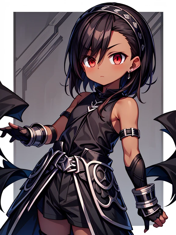 Masterpiece High res, high definition, (((dark skin tone))),dark skin male, dark skin, cute shota,red eyes, black hair Accessory, brown hair, medium dark brown hair,wearing a black exoskeleton, black detached sleeves, black skin tight sleeveless shirt, black armoured Gauntlets, black bodysuit,black exoskeleton, black fingerless gloves,