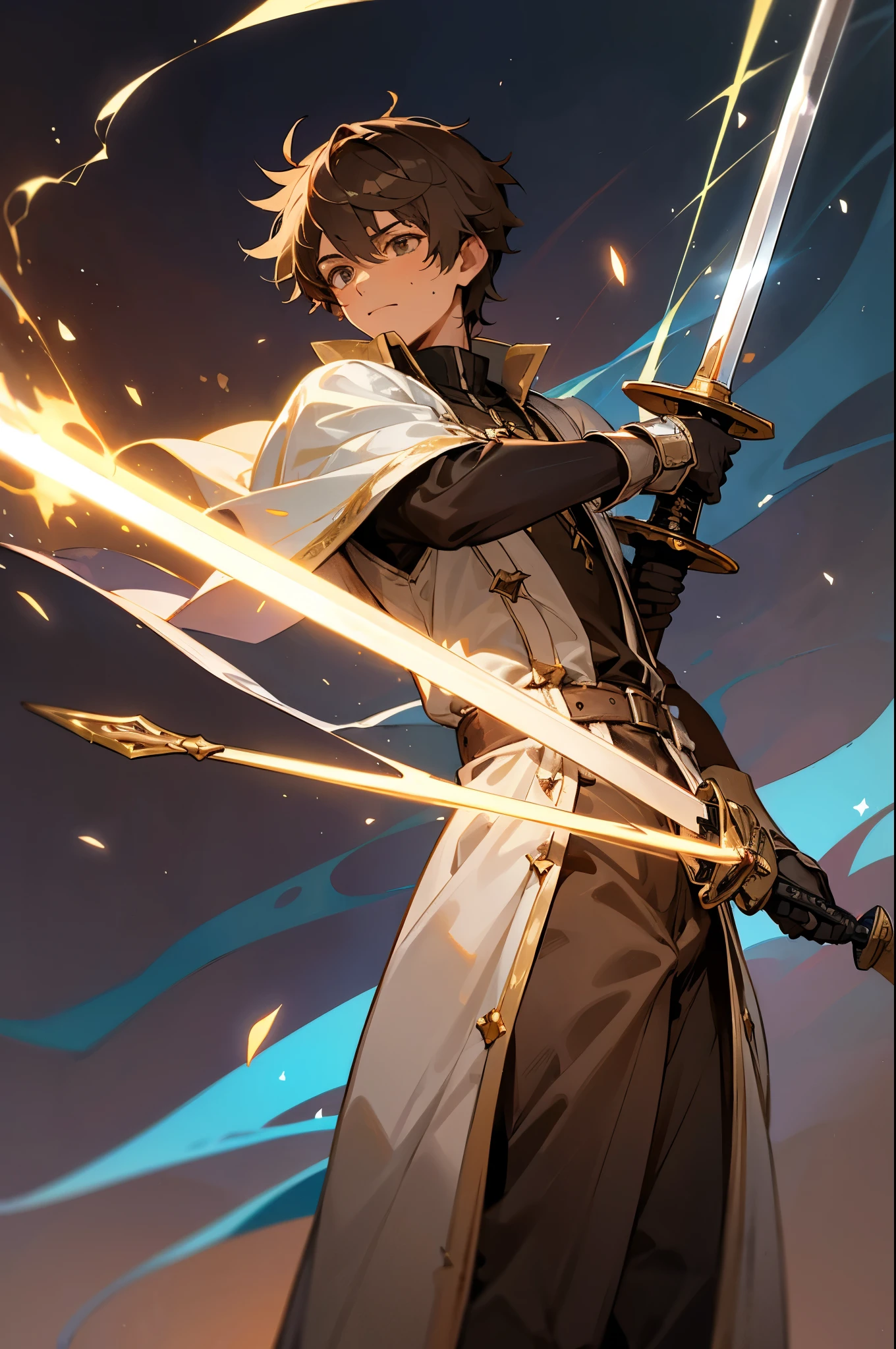 a 17-year-old teenage boy, 1 boy as a swordsman, sword, brown short hair, brown short hair parted in the middle, without a beard, without a goatee, no facial hair, silver colored medieval knight armor, red clothes, with magical lightning bolts on his body, magical runes