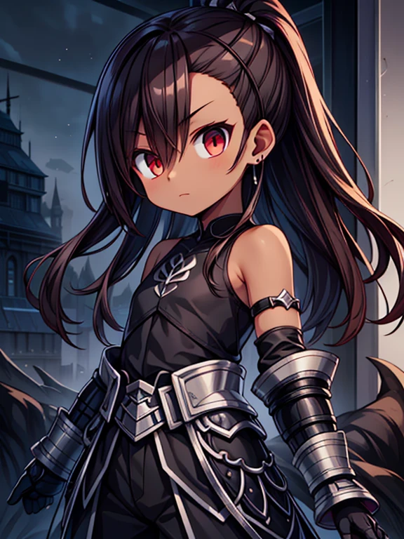 Masterpiece High res, high definition, (((dark skin tone))),dark skin male, dark skin, cute shota,red eyes, black hairpin, brown hair, medium dark brown hair,wearing a black exoskeleton, black detached sleeves, black sleeveless shirt, black armoured Gauntlets, black bodysuit,black exoskeleton, black fingerless gloves,