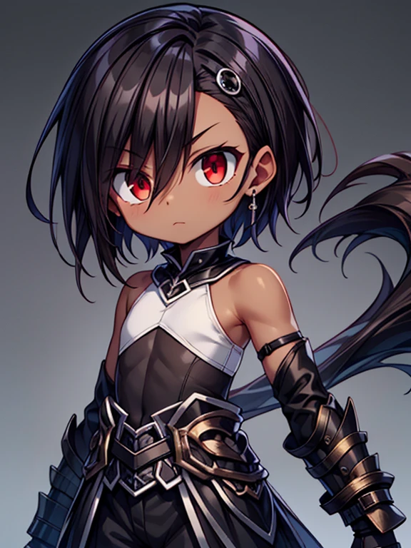 Masterpiece High res, high definition, (((dark skin tone))),dark skin male, dark skin, cute shota,red eyes, black hair Accessory, brown hair, medium dark brown hair,wearing a black exoskeleton, black detached sleeves, black skin tight sleeveless shirt, black armoured Gauntlets, black bodysuit,black exoskeleton, black fingerless gloves,