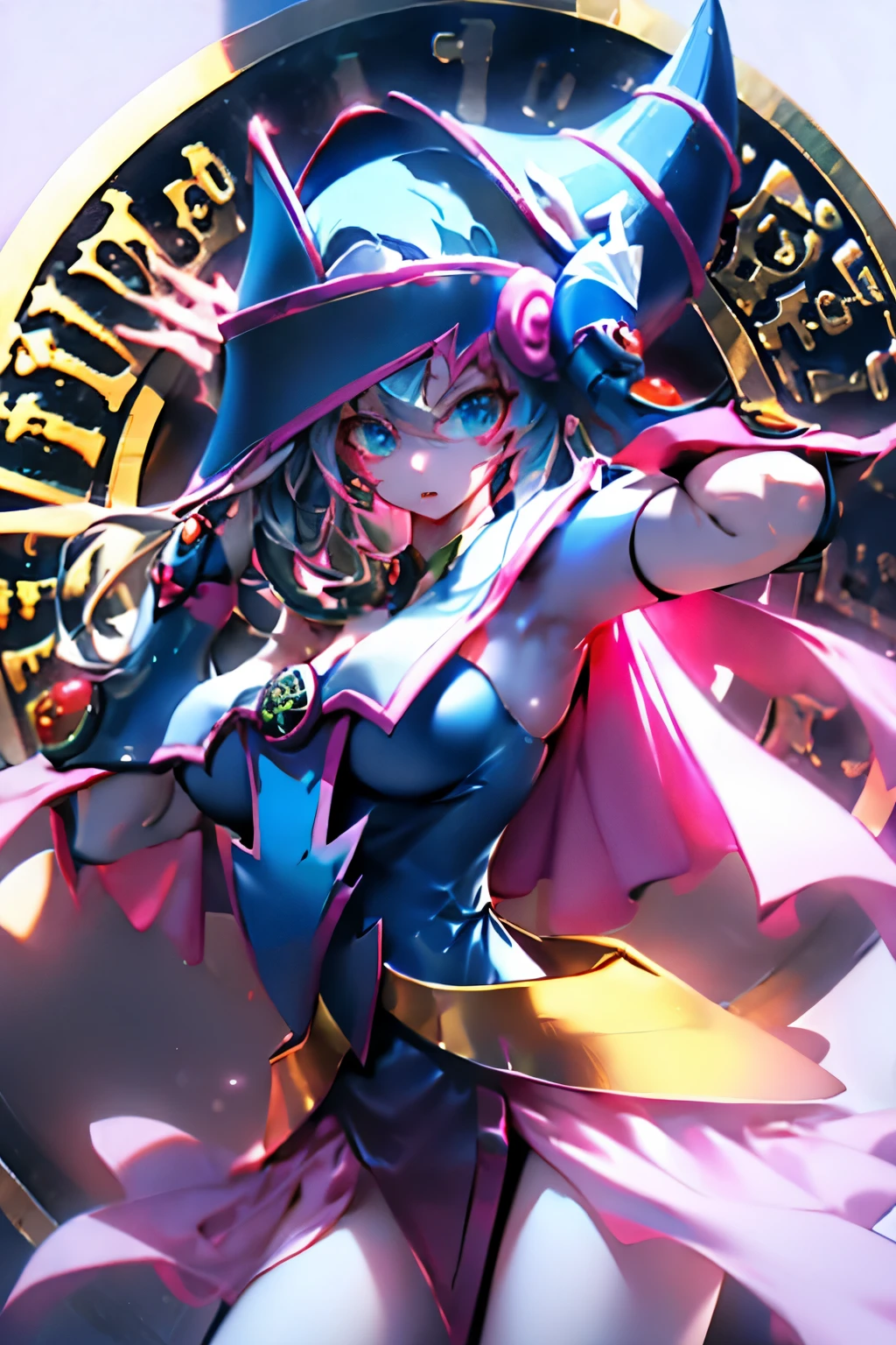 Hatsune Miku disfrazada de dark magician gils. Pose sensual y seductora. Fondo de magia