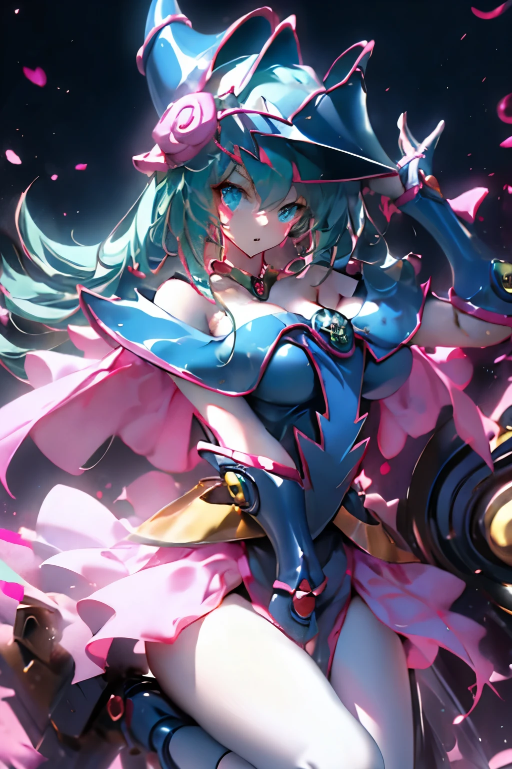 Hatsune Miku disfrazada de dark magician gils. Pose sensual y seductora. Fondo de magia 