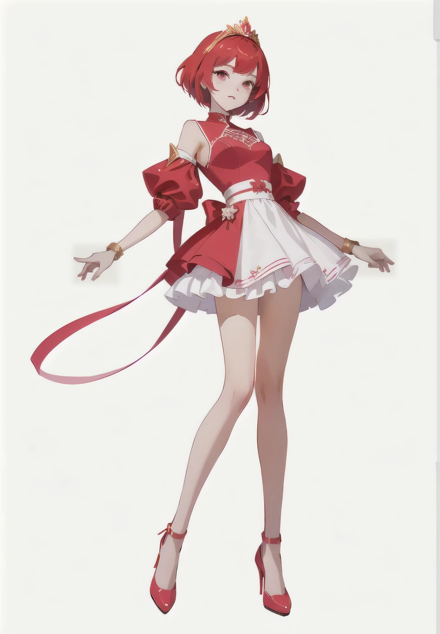 A young princess alone, red short hair, pink eyes, slim build, wine red outfit with white and gold details, short dress, red shorts under the dress, golden shoes, full body, concept art character, cartoon style, white background