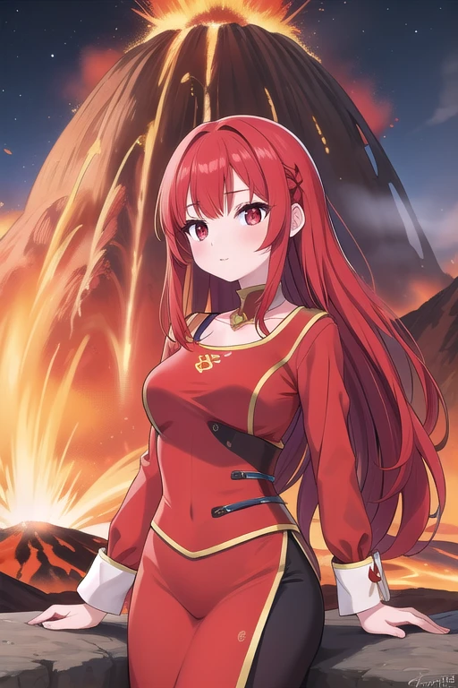 Une femme, 25 ans, cheveux longs, cheveux rouges, red hairs, red eyes, yeux rouges, beaucoup de Détails, dans un volcan, volcanic eruption, flammes, lave, explosion, game of throne, chevalier, warrior