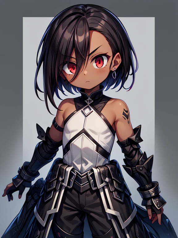 Masterpiece High res, high definition, (((dark skin tone))),dark skin male, dark skin, cute shota,red eyes, black hair Accessory, brown hair, medium dark brown hair,wearing a black exoskeleton, black detached sleeves, black skin tight sleeveless shirt, black armoured Gauntlets, black bodysuit,black exoskeleton, black fingerless gloves,