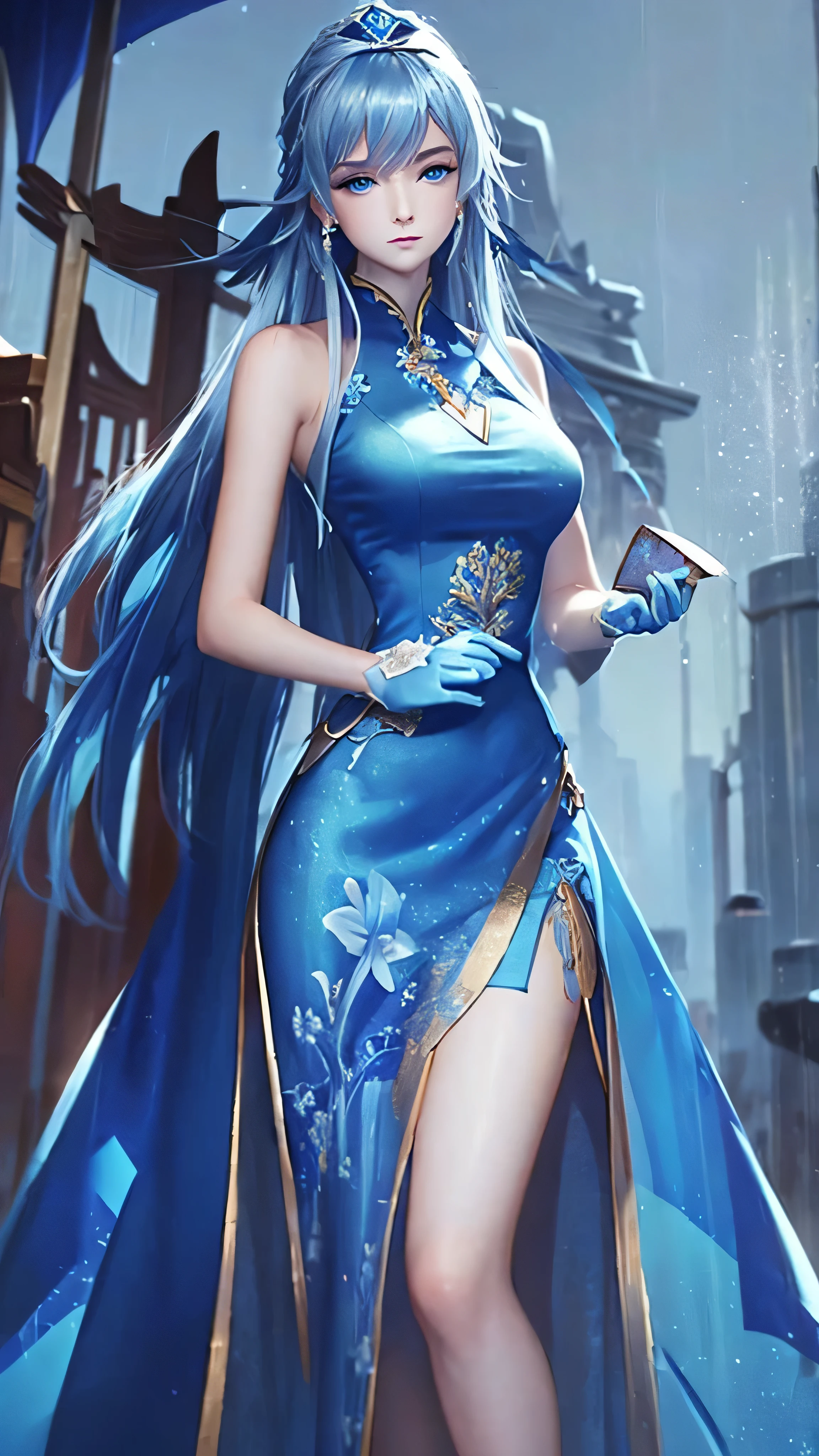 1girl, bare shoulders, blue dress, blue eyes, breasts, dress, formal, gloves, long hair, pants, a woman in a blue Ao Dai, Fan Qi, splash art, a detailed painting, symbolism, (masterpiece, best quality:1.5), standing