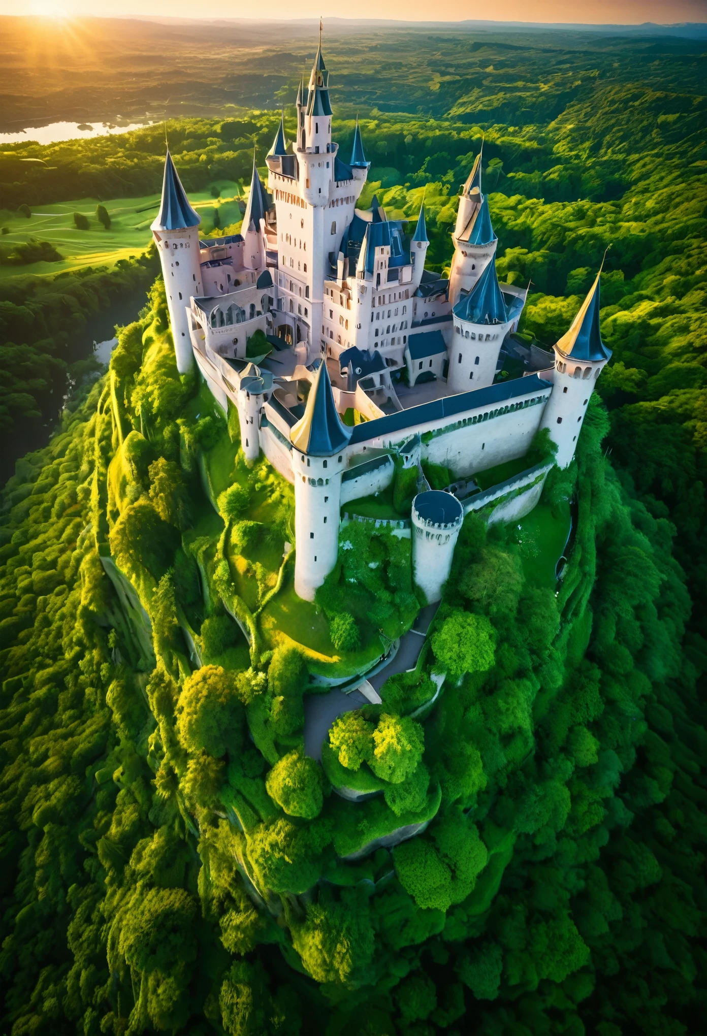 (aerial view of) Castle, (ultra-wide angle),(dreamlike color),(satellite captured:1.2),(earth surface:1.1), detailed architecture, grand towers, majestic walls, lush green surroundings, breathtaking view, serene atmosphere, vibrant colors, glorious sunset, ethereal lighting, magical ambiance, fairytale-like setting, intricate details, historical charm