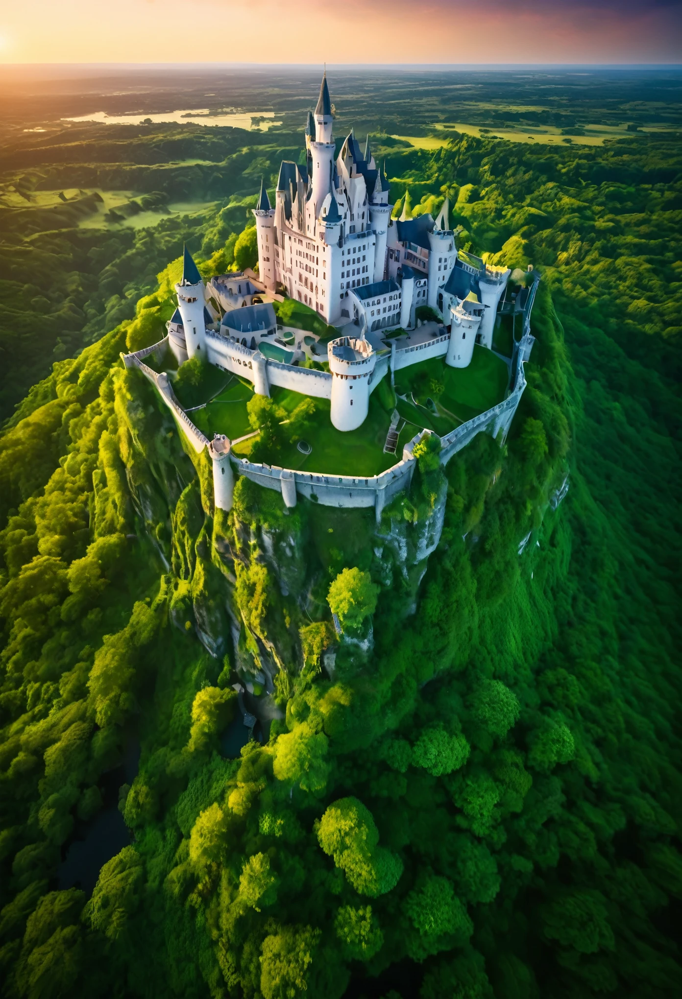 (aerial view of) Castle, (ultra-wide angle),(dreamlike color),(satellite captured:1.2),(earth surface:1.1), detailed architecture, grand towers, majestic walls, lush green surroundings, breathtaking view, serene atmosphere, vibrant colors, glorious sunset, ethereal lighting, magical ambiance, fairytale-like setting, intricate details, historical charm