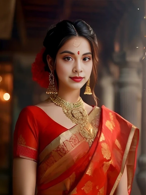 ภาพระยะใกล้ของผู้หญิงWear a sariสีแดงทอง, traditional beauty, indian style, Hindu Aesthetics, indian, indian goddess, very beautiful woman, Wear a sari, traditional makeup, traditional female hairstyle, Photo of a beautiful woman, Dress in a sari., attractive woman, beautiful young woman, Assamese Aesthetics, Wear gold jewelry, gorgeous woman, Wear a sari