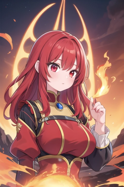 Une femme, 25 ans, cheveux longs, cheveux rouges, red hairs, red eyes, yeux rouges, beaucoup de Détails, dans un volcan, volcanic eruption, flammes, lave, explosion, game of throne, chevalier, warrior