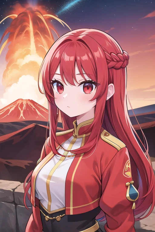 Une femme, 25 ans, cheveux longs, cheveux rouges, red hairs, red eyes, yeux rouges, beaucoup de Détails, dans un volcan, volcanic eruption, flammes, lave, explosion, game of throne, chevalier, warrior
