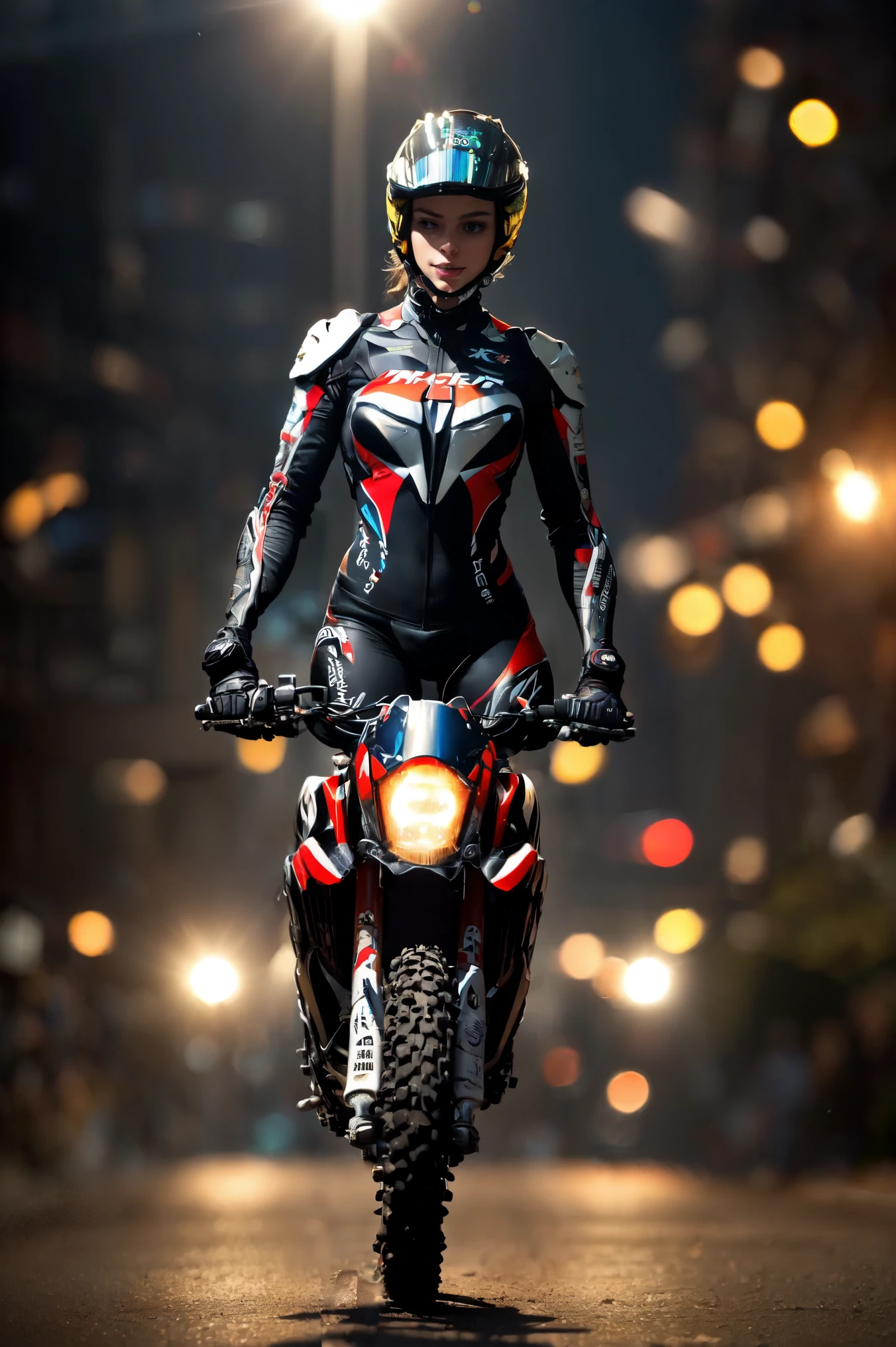 full body shot, wharf scene, a beautiful sexy cyborg woman riding a KTM 450 motocross motorcycle, glamorous shape, shoulder-length, beautiful shiny smooth, light brown hair, (Best quality, 4K, 8k, A high resolution, masterpiece:1.2), absurdity, masterpiece, ultra detailed, (realistic, photorealistic, photorealistic:1.37), complex parts, HDR, (complex parts:1.12), (hyper detailed, hyper realistic, Soft lighting, spicy:1.2), beautiful figure, Magnificent Anatomy, (complex part, Hyper detailed:1.15), Smooth skin,