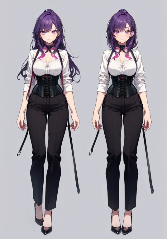 Purple hair,Long hair,Adult female,Bartender,((Body harness)),((Rolling up your sleeves shirt)),(Corset),(slacks),(slit),High heels,((Simple background)),Smile,((Full body)),((whole body)),Character Sheet,