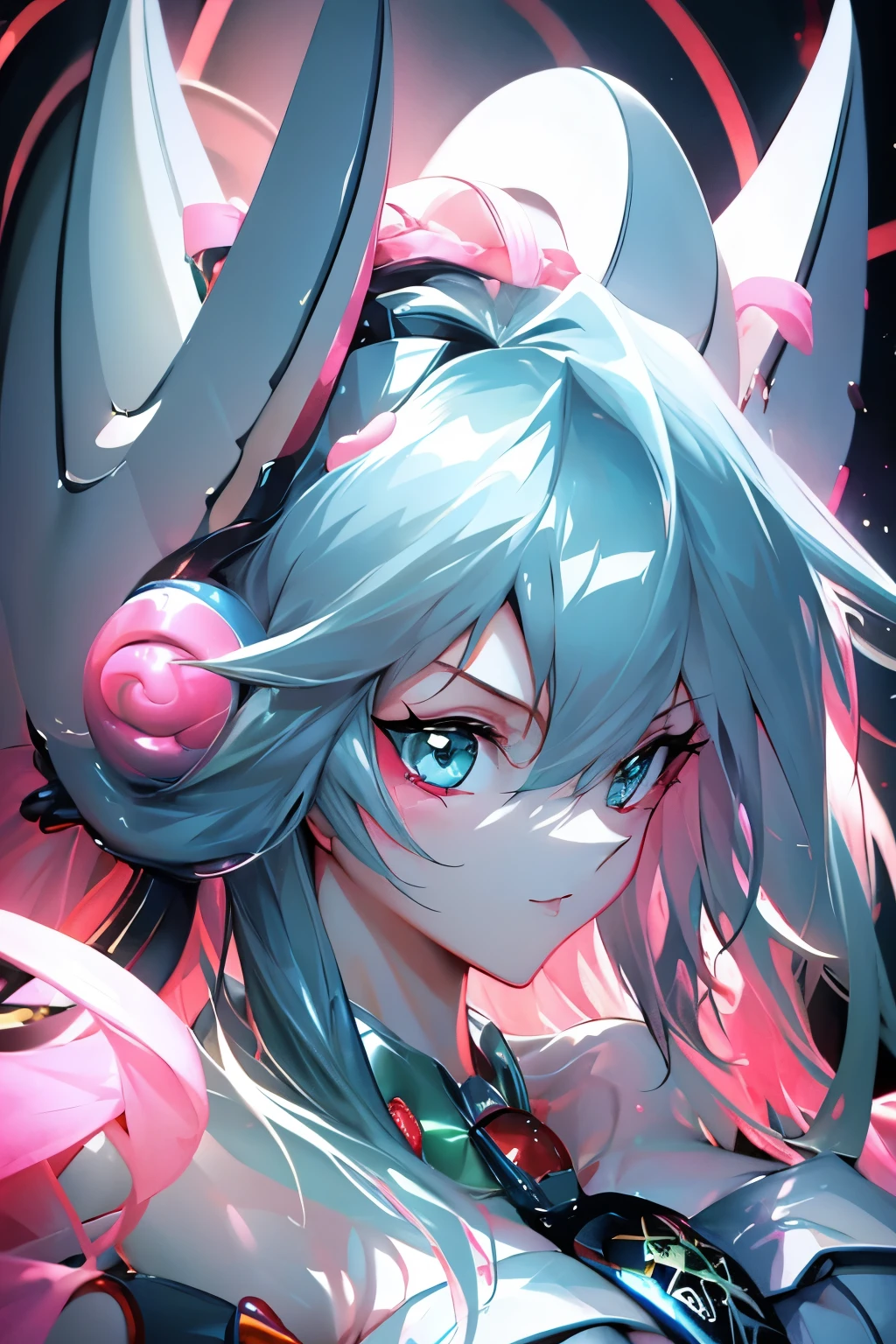 Hatsune Miku disfrazada de dark magician gils. Pose sensual y seductora. Fondo de magia
