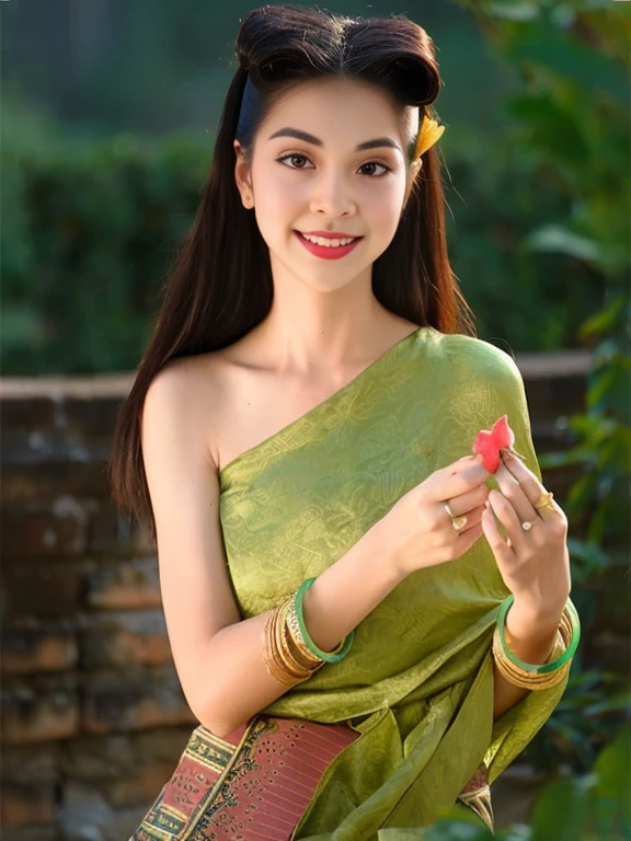 Aarav woman in green sari holding flowers, traditional beauty, a young asian woman, Niwan Chandra, asian woman, an asian woman, Thai anime girl, beautiful asian girl, young asian girl, Vietnamese woman, young asian woman, Sukhothai set, Southeast Asia that has existed for a long time, cute woman, In Lammanh style