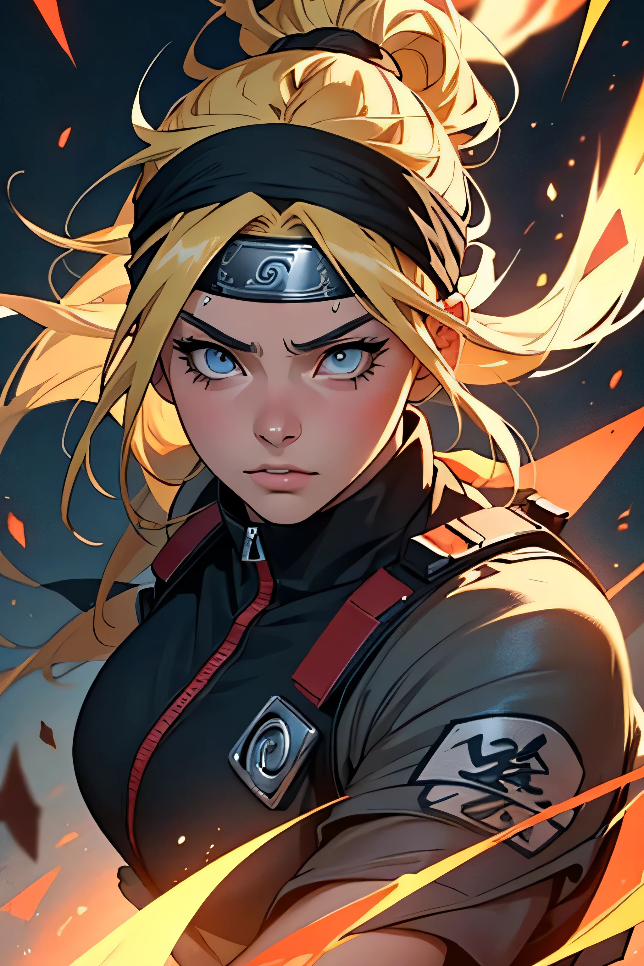 (best quality, ultra-detailed, realistic:1.37), A girl with extremely detailed eyes, face, beautiful detailed lips, long eyelashes, and a serious expression, wearing a Naruto headband, engaging in an intense fight scene. Dynamic poses and stylized shading highlight the girl's impressive martial arts skills. The artwork features a vivid color palette with a strong emphasis on blues, creating a visually striking and energetic atmosphere. Powerful lighting effects enhance the action-packed nature of the scene.
In the background, shuriken fly through the air, creating a sense of danger and movement. Flying debris and smoke effects add to the dynamic nature of the fight. Additionally, the girl performs intricate hand seals, showcasing her mastery of ninjutsu. The artwork meticulously captures ultra-detailed elements, such as hair texture and clothing wrinkles.
The artwork is of the best quality, boasting an ultra-detailed and photorealistic style. Each aspect of the scene is carefully rendered, creating a masterpiece in terms of the level of detail and realism. The artwork is enhanced with a 1.2 enhancement, further elevating its impact and quality.
By effectively capturing the essence of the Naruto series and combining it with high-quality artistic techniques, this prompt ensures the generation of a visually stunning and immersive image.
