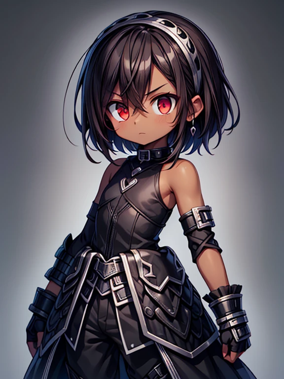 Masterpiece High res, high definition, (((dark skin tone))),dark skin male, dark skin, cute shota,red eyes, black hair Accessory, brown hair, medium dark brown hair,wearing a black exoskeleton, black detached sleeves, black skin tight sleeveless shirt, black armoured Gauntlets, black bodysuit,black exoskeleton, black fingerless gloves,