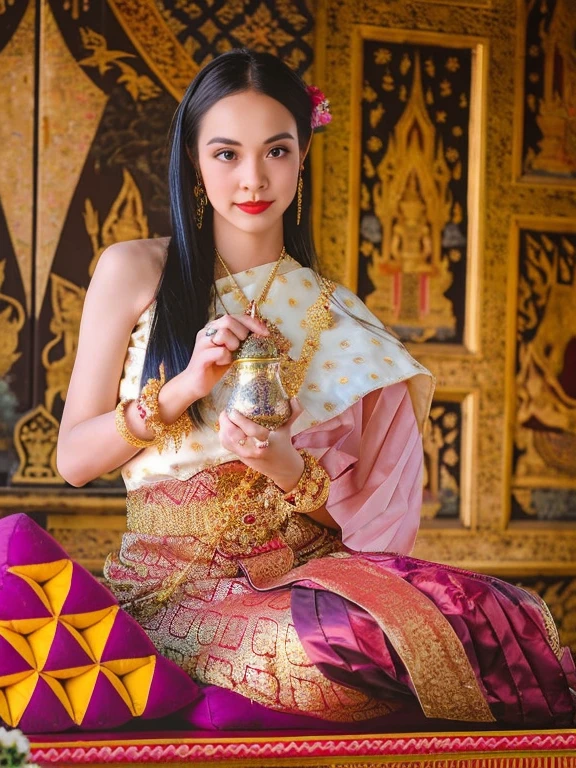 arafed woman in a traditional thai dress holding a vase, Sukhothai set, traditional beauty, Wear a luxurious silk dress., Thai art, According to Thawan Duchanee's style, beautiful oriental woman, traditional clothes, traditional tai costume, traditional clothing, traditional dress, Wear elegant clothes, Southeast Asia that has existed for a long time, Wear luxurious clothes, Thai anime girl, traditional