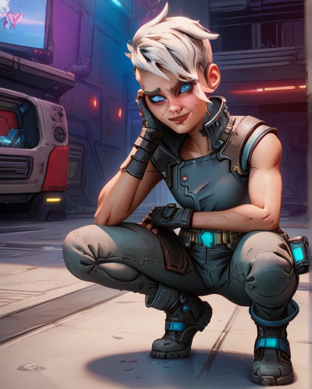 score_9,score_8_up,score_7_up BREAK {prompt},
Tyreen,white hair,blue eyes,two-tone hair,scar on face,undercut,eyebrow cut,smug,
fingerless gloves,sleeveless,belt,pants,shirt,brown top, squatting, shy, 
standing,full body,
cyberpunk,tv show,
