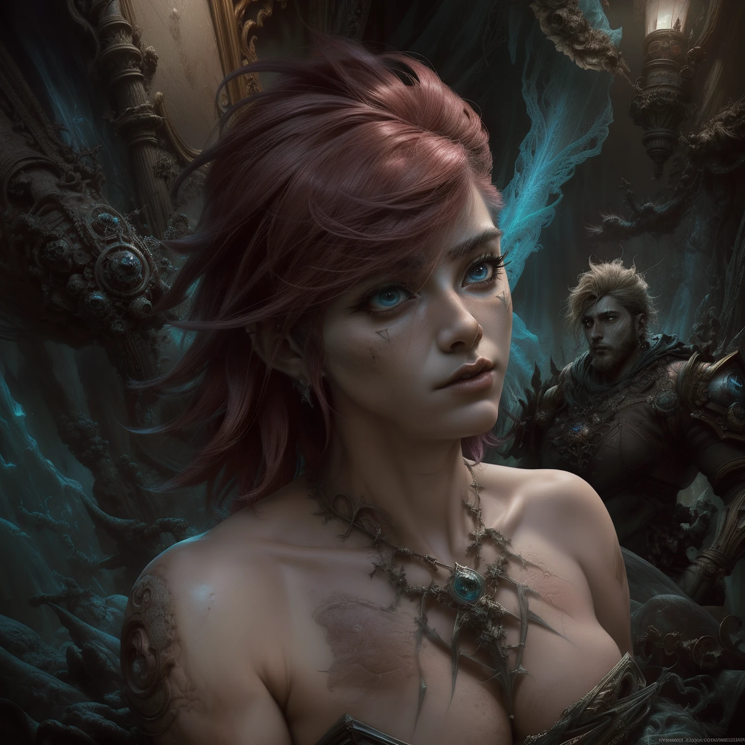 pelo corto. pelo corto. vi, vi, league of legends, pelo rosado. textura,"texture a death mask from top to bottom in closeup" Fantasy Art,"Ethereal fantasy concept art by . magnificent, celestial, ethereal, pintura, epopeyas, majestoso, magical, Fantasy Art, arte de la cubierta, dreamer" horror movie, monstruo, scientific fiction, Oscuro, Misterioso, Obsesionante, dramatic, florido, circunstanciado",
