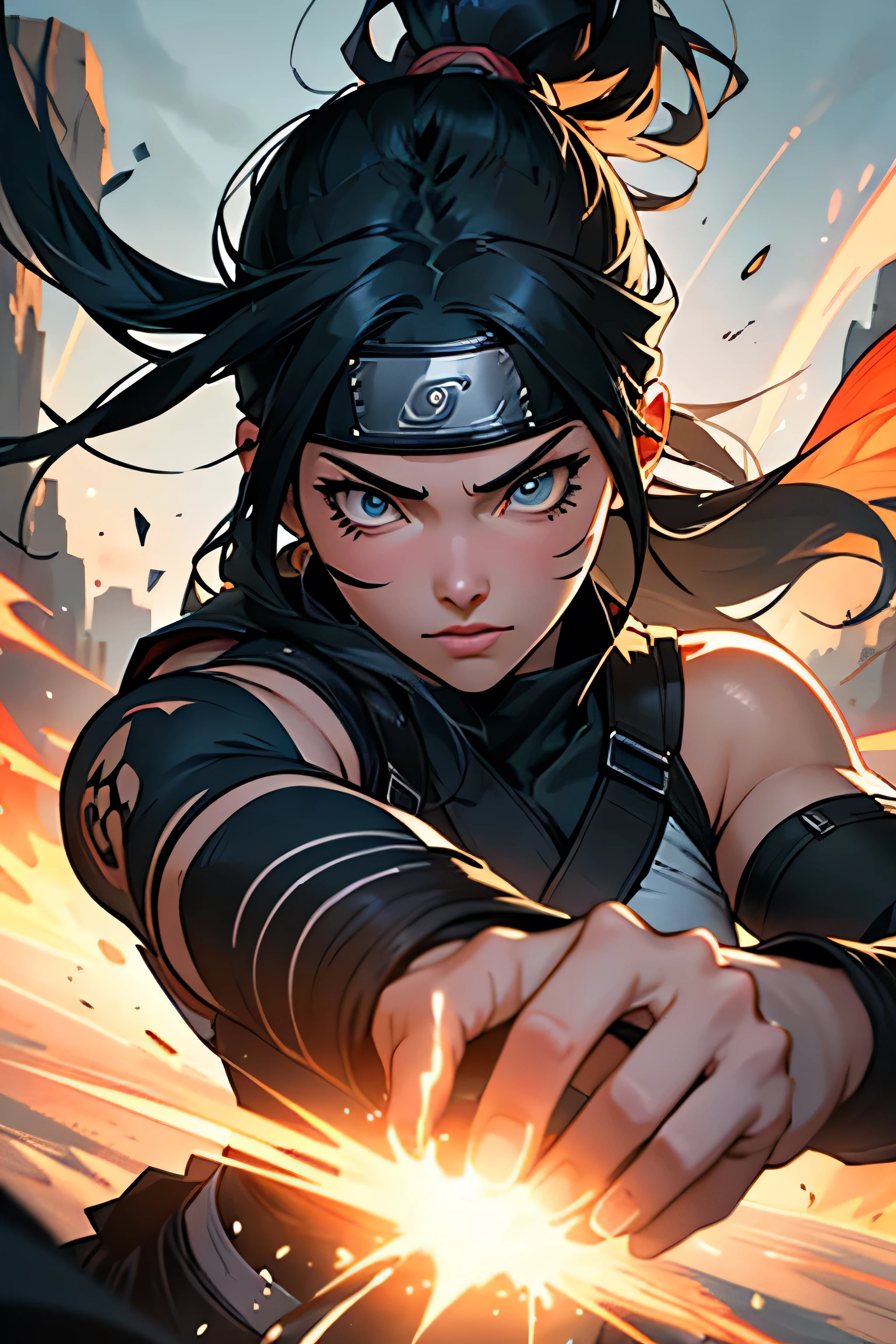 (best quality, ultra-detailed, realistic:1.37), A girl with extremely detailed eyes, face, beautiful detailed lips, long eyelashes, and a serious expression, wearing a Naruto headband, engaging in an intense fight scene. Dynamic poses and stylized shading highlight the girl's impressive martial arts skills. The artwork features a vivid color palette with a strong emphasis on blues, creating a visually striking and energetic atmosphere. Powerful lighting effects enhance the action-packed nature of the scene.
In the background, shuriken fly through the air, creating a sense of danger and movement. Flying debris and smoke effects add to the dynamic nature of the fight. Additionally, the girl performs intricate hand seals, showcasing her mastery of ninjutsu. The artwork meticulously captures ultra-detailed elements, such as hair texture and clothing wrinkles.
The artwork is of the best quality, boasting an ultra-detailed and photorealistic style. Each aspect of the scene is carefully rendered, creating a masterpiece in terms of the level of detail and realism. The artwork is enhanced with a 1.2 enhancement, further elevating its impact and quality.
By effectively capturing the essence of the Naruto series and combining it with high-quality artistic techniques, this prompt ensures the generation of a visually stunning and immersive image.