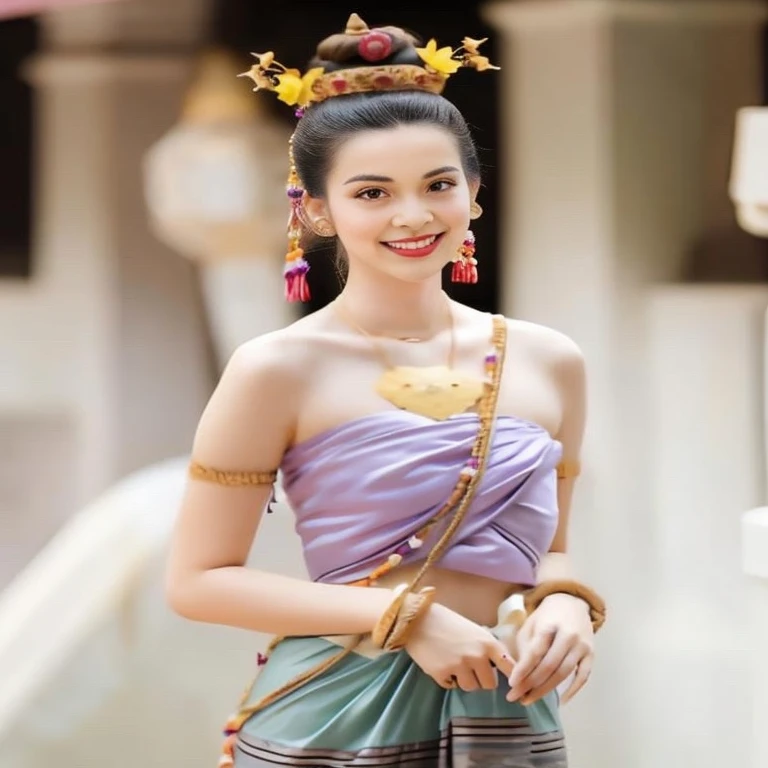 Aarav woman in purple dress and gold necklace, Sukhothai set, Dilraba Dilmurat, traditional beauty, Thai anime girl, traditional art, traditional, Niwan Chandra, According to Thawan Duchanee's style, beautiful female princess, traditional tai costume, traditional dress, Beautiful Fantasy Empress, beautiful queen
