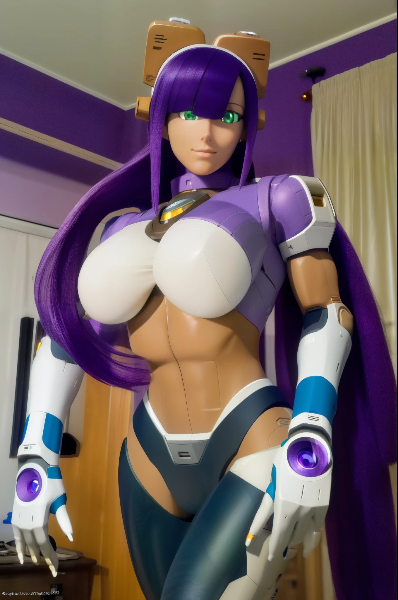 ultra detailed of a woman cyborg, 1girl, (natural skin texture, realistic eye details:1.2) layer_mega manx, alone, , underboob, green eyes, purple hair, Android, long hair, bangs over eyes, robot ears, artwork, tan skin, high quality, hypnotized, spiral eyes, blank stare, in the bedroom, standing, mannequin