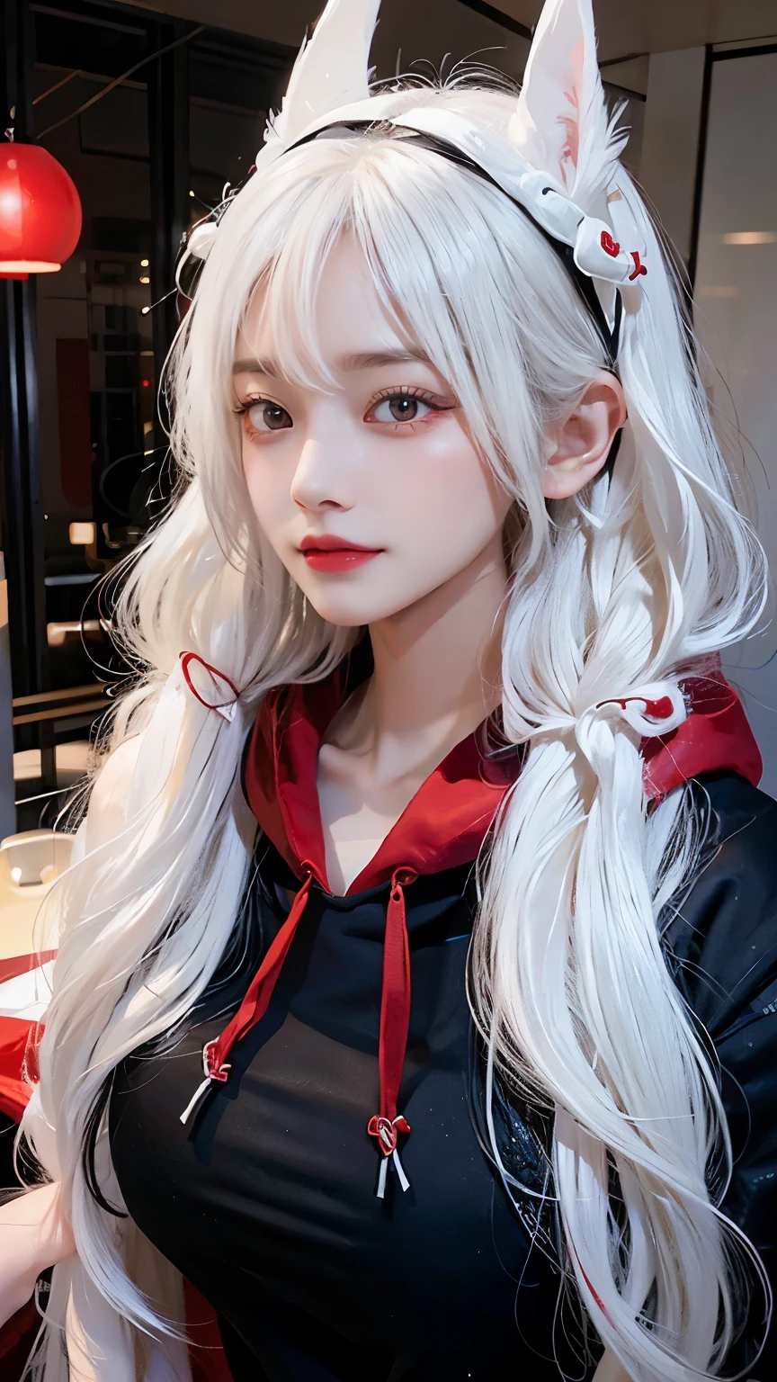 Long white hair - Red eyes - Black hair accessory - Hoodie - Elegant - Mysterious - Less revealing - Modest - Unique - Smiling - Attractive - Presence