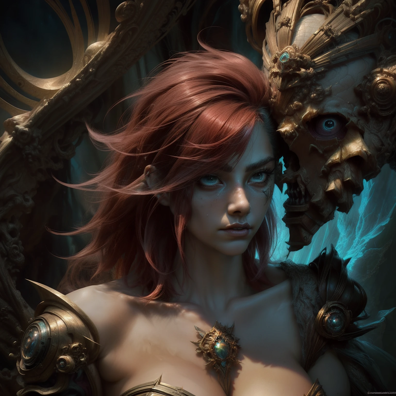 pelo corto. pelo corto. vi, vi, league of legends, pelo rosado. textura,"texture a death mask from top to bottom in closeup" Fantasy Art,"Ethereal fantasy concept art by . magnificent, celestial, ethereal, pintura, epopeyas, majestoso, magical, Fantasy Art, arte de la cubierta, dreamer" horror movie, monstruo, scientific fiction, Oscuro, Misterioso, Obsesionante, dramatic, florido, circunstanciado",
