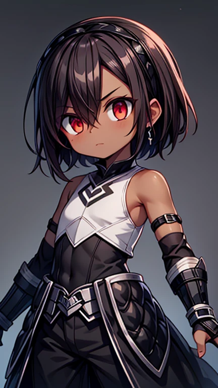 Masterpiece High res, high definition, (((dark skin tone))),dark skin male, dark skin, cute shota,red eyes, black hair Accessory, brown hair, medium dark brown hair,wearing a black exoskeleton, black detached sleeves, black skin tight sleeveless shirt, black armoured Gauntlets, black bodysuit,black exoskeleton, black fingerless gloves,