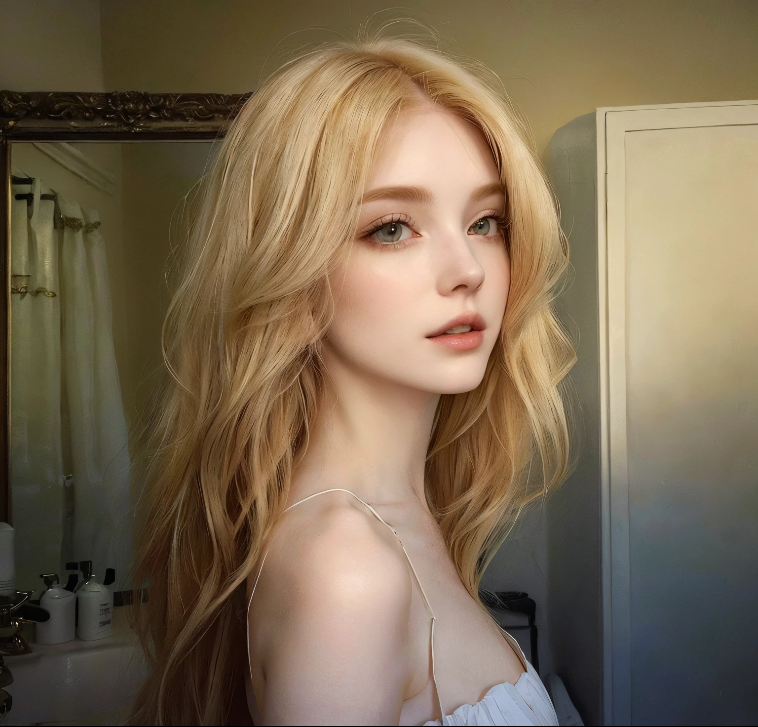 Mujer rubia con cabello largo y ondulado frente a un espejo., pale skin cabello rubio rizado, con pale skin, soft pale golden skin, pale skin y brillante, tema de pelo ondulado amarillo, cabello dorado amarillo suelto, pelo ondulado de jengibre, pale skin, suave e impecable, pale skin marfil, pale skin de porcelana, pale skin suave natural, cabello pelirrojo suelto, pale ivory skin