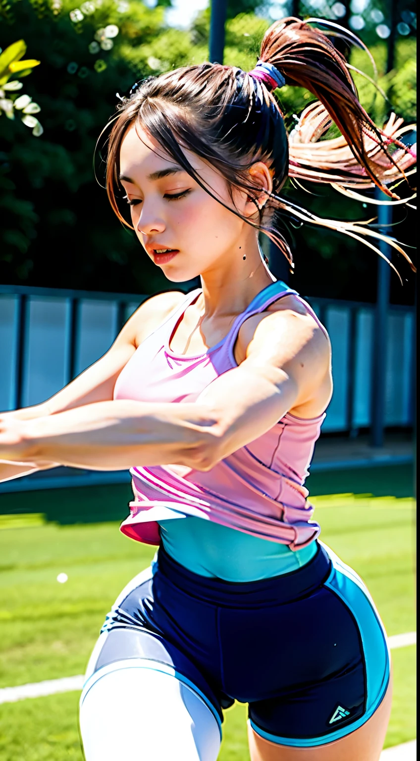 1 girl, solo, running, Gray Track Top, pink shorts, ponytail, athletic build, dynamic brushstrokes, fluid movement, capturing the essence of her athleticism and energy, using light colors and soft tones to create a dreamy and ethereal atmosphere, portraying the motion and grace of running, showing the wind blowing her ponytail and clothes, and the scenery of her surroundings.

outdoors, detailed background, Modern metropolis,