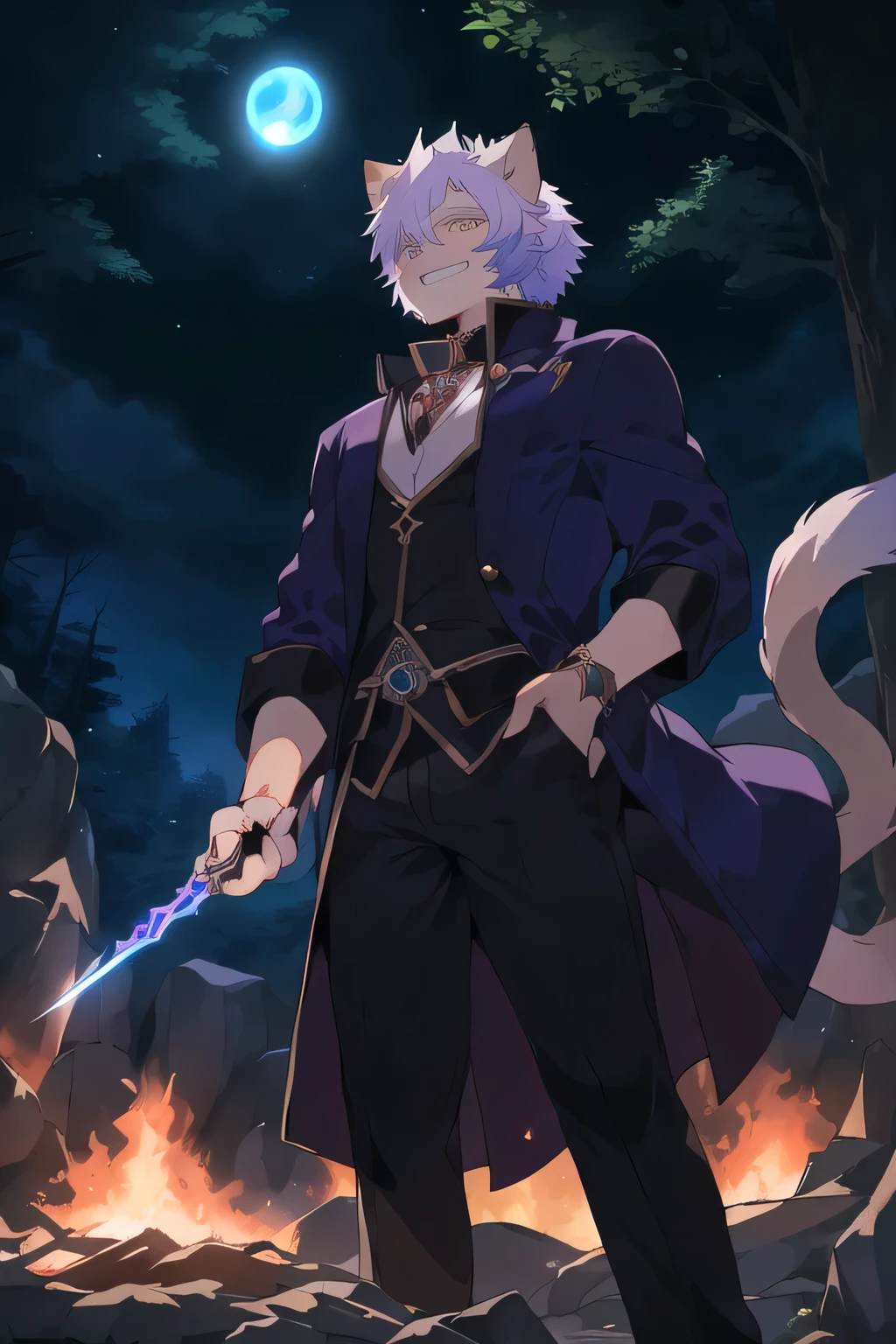 Wearing purple jacket and black pants、Cartoon character holding a dagger, The handsome guy who kills demons, Official Character Art, Keqing from genshin impact, Well-dressed Nightmare, A complete portrait of an elementalist, Official character illustrations, official art, Casimir Art, Hajime Yatate, high detailed official artwork, ( ( Character Concept Art ) )