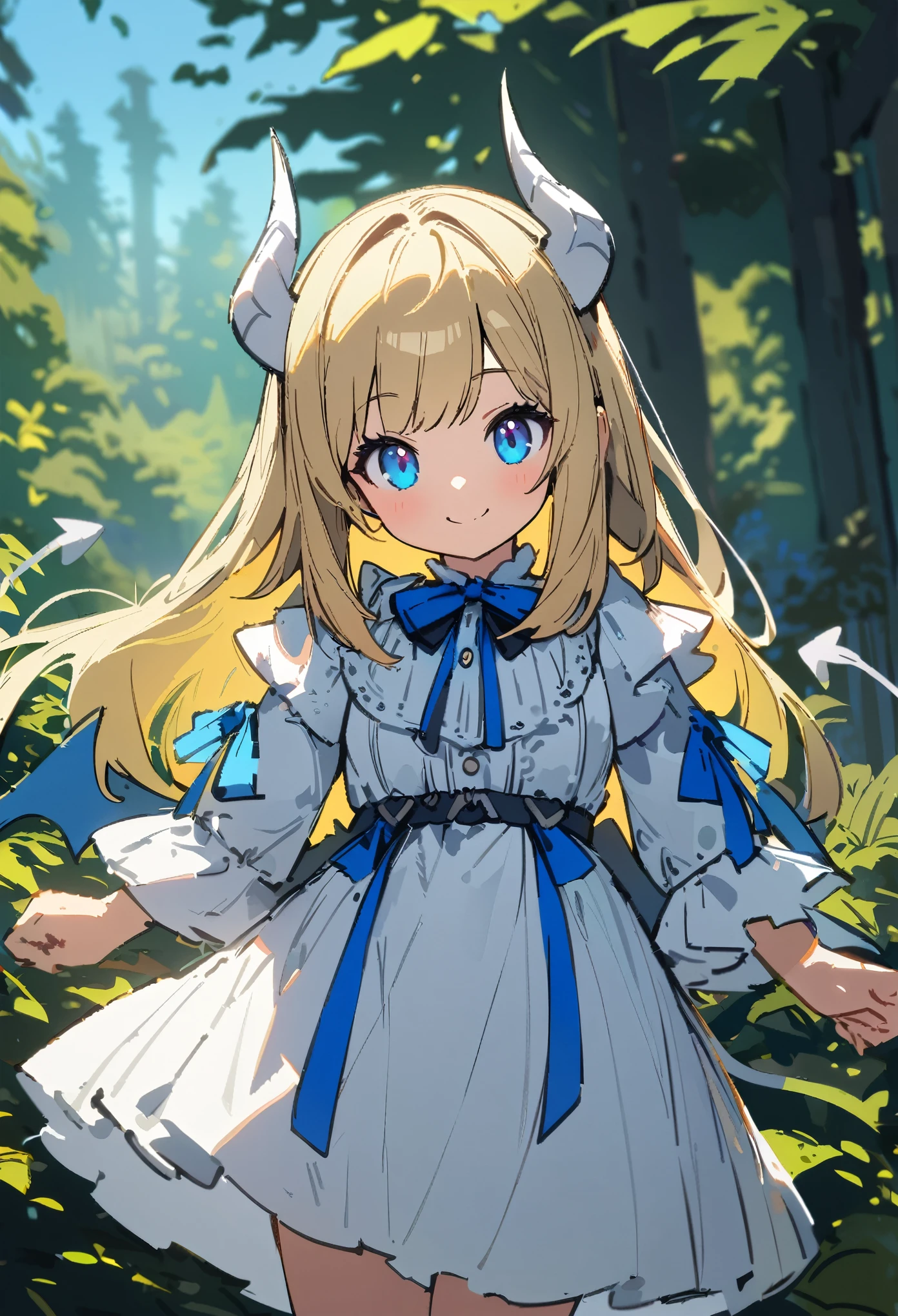 1girl, long blonde hair, blue eyes, younger person, white horns with blue ribbons, white spaded demon tail, white bat's wings, white dress, smiling at viewer, forest background, ultra-detailed, sketchy style, UHD, UHD, UHD