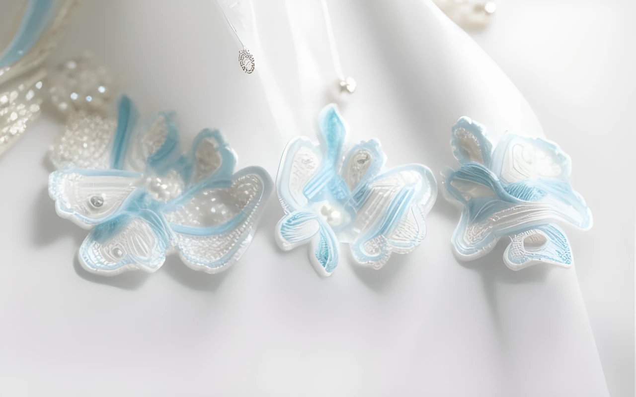 Bride ', Veil with Fine embroidery, Blanche, beautiful stitched hem, Rococo pattern, silver thread embroidery on white background, decorated with pearly beads, close-up photo of beautiful bride ', Veil on wedding day, studio lighting, photographed by professionals, masterpieces,