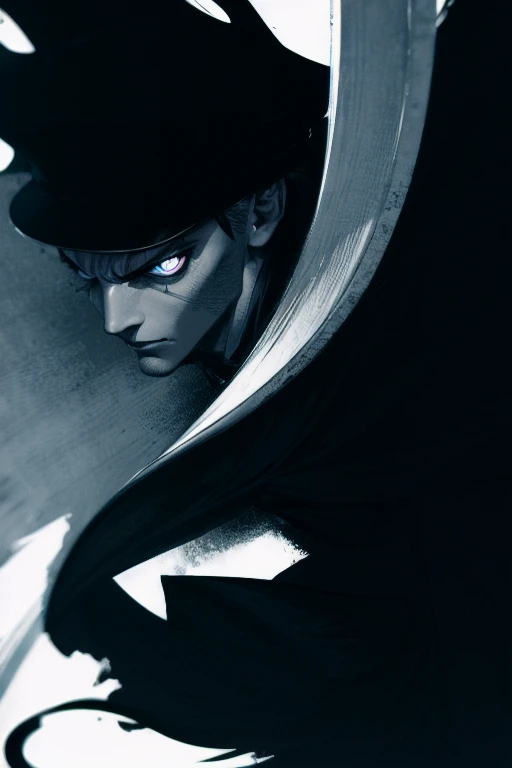 masterpiece, best quality, high contrast, black and white colors, high detailed, detailed skin, shonen manga, antagonist, 1 guy, serious face, captains hat, holding a sword, side view, wearing a cloak, full body, crazy eyes