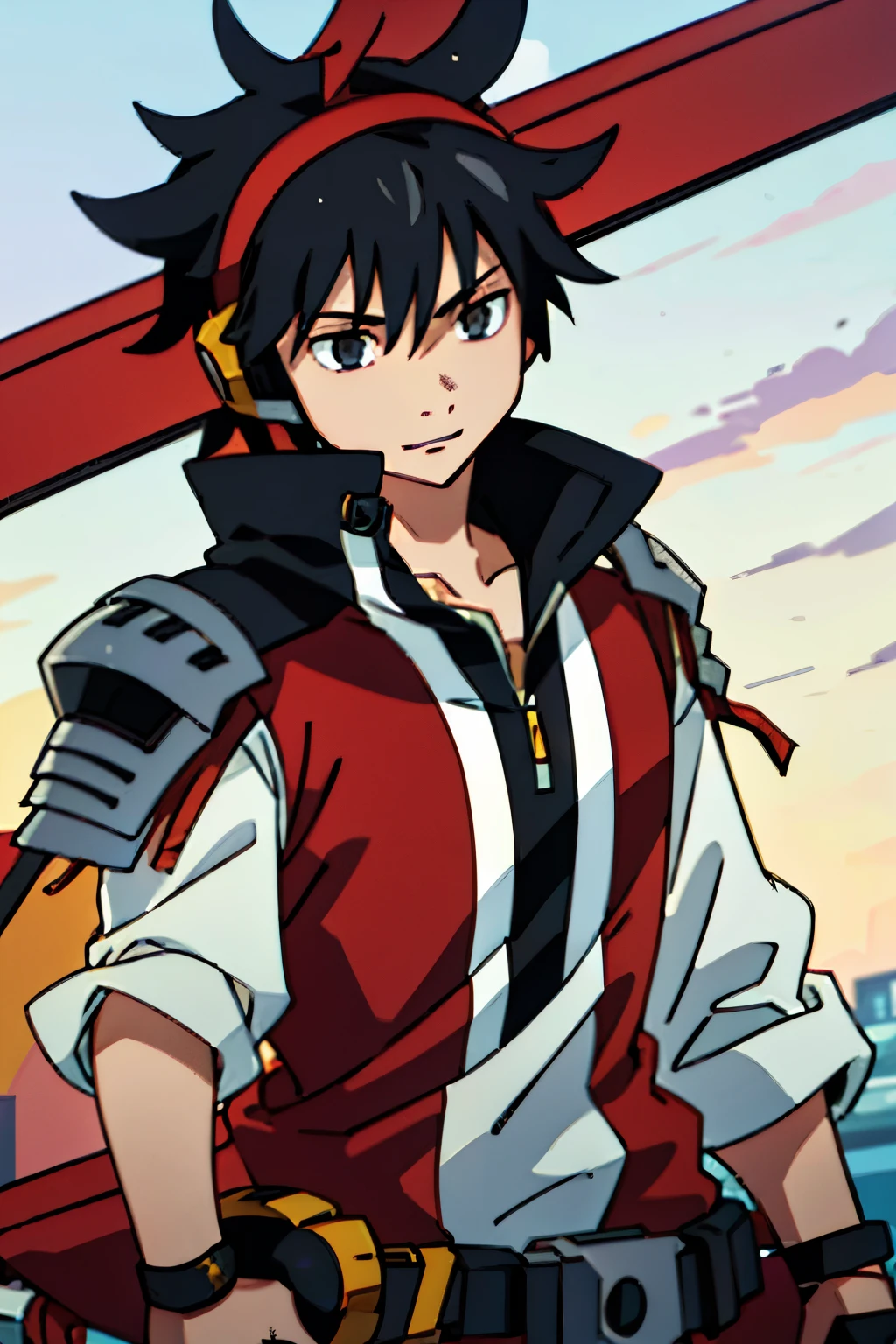 Large medieval kingdom in the background, 1man, male, mature male, black hair, long hair, gray eyes, bright eyes, headphones, headset, (((((gamer headset:1.0))))), 16 years old, medieval armor, light armor, red armor, red clothes ((((red armor:1.0)))), Mystical armor, Golden details on the armor, black details on the armor, elsword style armor, happy expression, happy face, action pose, high resolution:1.2, best quality, masterpiece, daylight, Reflection of lens, upper body shot
