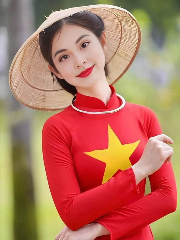 The Aarav woman wears a red shirt and a hat with a star on it., Ao Dai, Vietnamese woman, with straw hat, In Lammanh style, wear red dress, amazing, cute woman, Chinese girl, traditional beauty, Knife in the lake, 🚿🗝📝, Don't know the artist, Tomorrow, Tran., have very thin lips