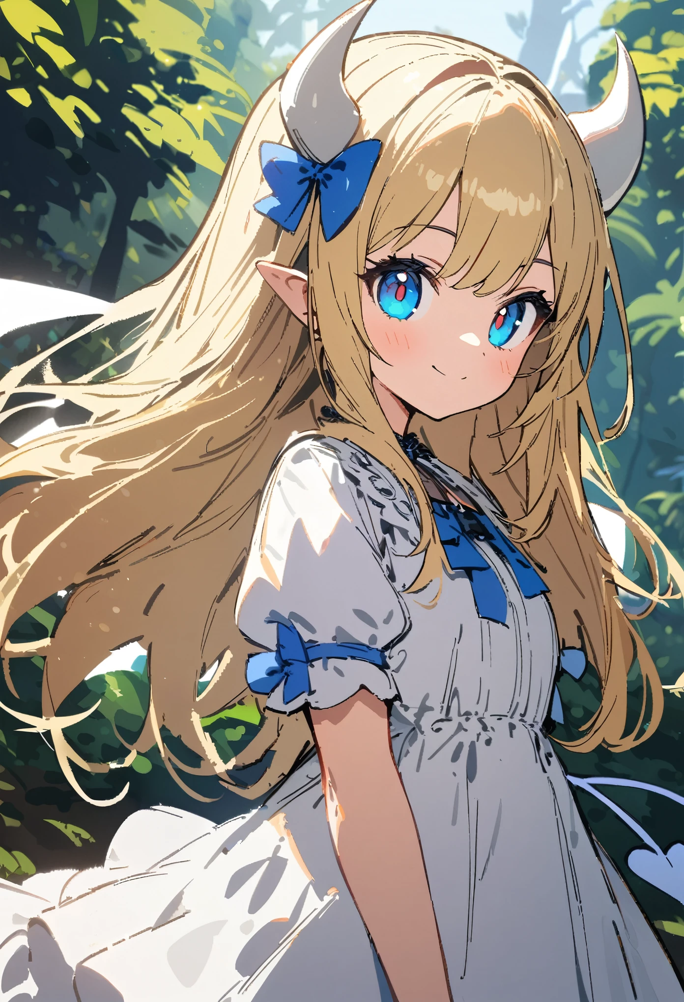 1girl, long blonde hair, blue eyes, younger person, white horns with blue ribbons, white spaded demon tail, white bat's wings, white dress, smiling at viewer, forest background, ultra-detailed, sketchy style, UHD, UHD, UHD