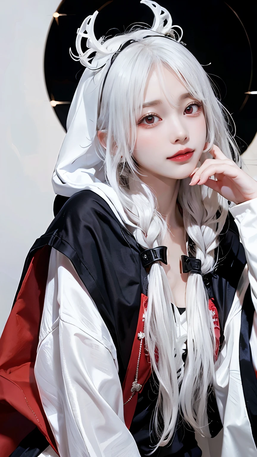 Long white hair - Red eyes - Black hair accessory - Hoodie - Elegant - Mysterious - Less revealing - Modest - Unique - Smiling - Attractive - Presence