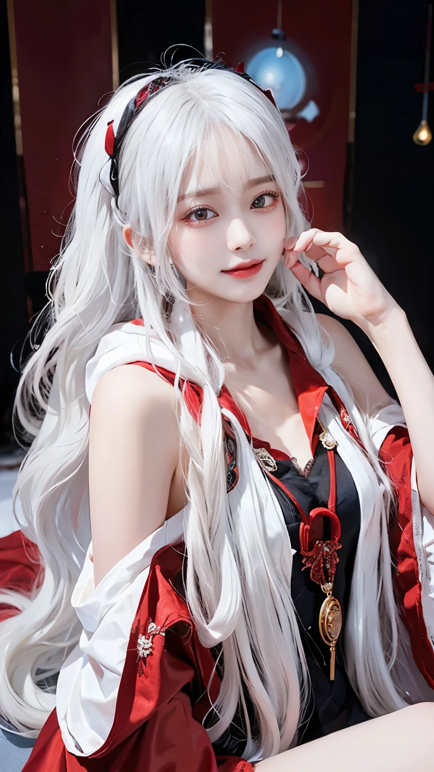 Long white hair - Red eyes - Black hair accessory - Hoodie - Elegant - Mysterious - Less revealing - Modest - Unique - Smiling - Attractive - Presence