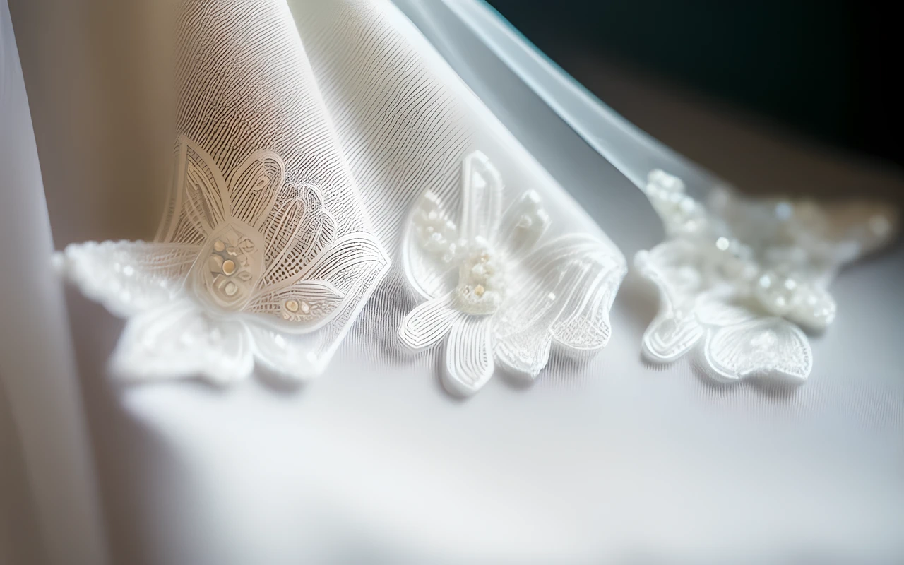 Bride ', Veil with Fine embroidery, Blanche, beautiful stitched hem, Rococo pattern, silver thread embroidery on white background, decorated with pearly beads, close-up photo of beautiful bride ', Veil on wedding day, studio lighting, photographed by professionals, masterpieces,