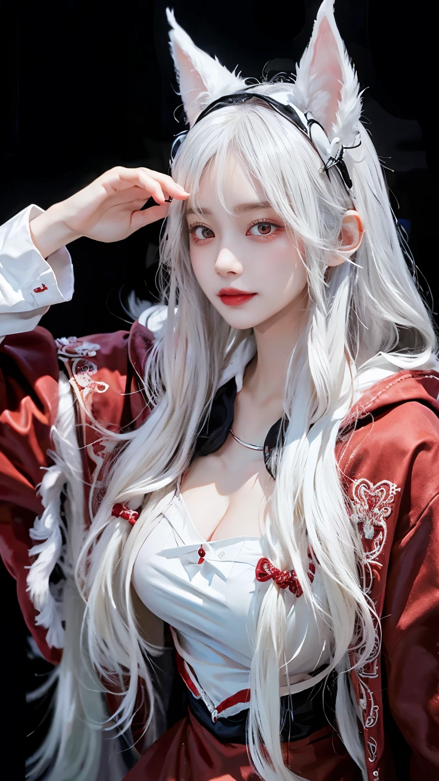 Long white hair - Red eyes - Black hair accessory - Hoodie - Elegant - Mysterious - Less revealing - Modest - Unique - Smiling - Attractive - Presence