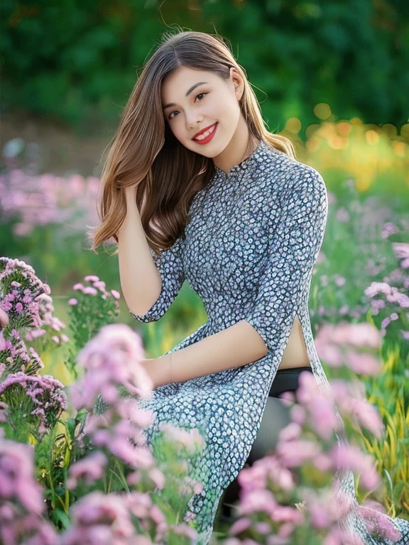 A woman sits in a flower field with a smile on her face., beautiful Asian girl, Chinese girl, Asian girl, girl in flowers, Standing in a field of flowers, girl sitting in a flower field, Girl forehead in a field of flowers, young Asian girl, attractive woman, Ao Dai, asian woman, beautiful picture, with flowers, girl Standing in a field of flowers, Chinese woman