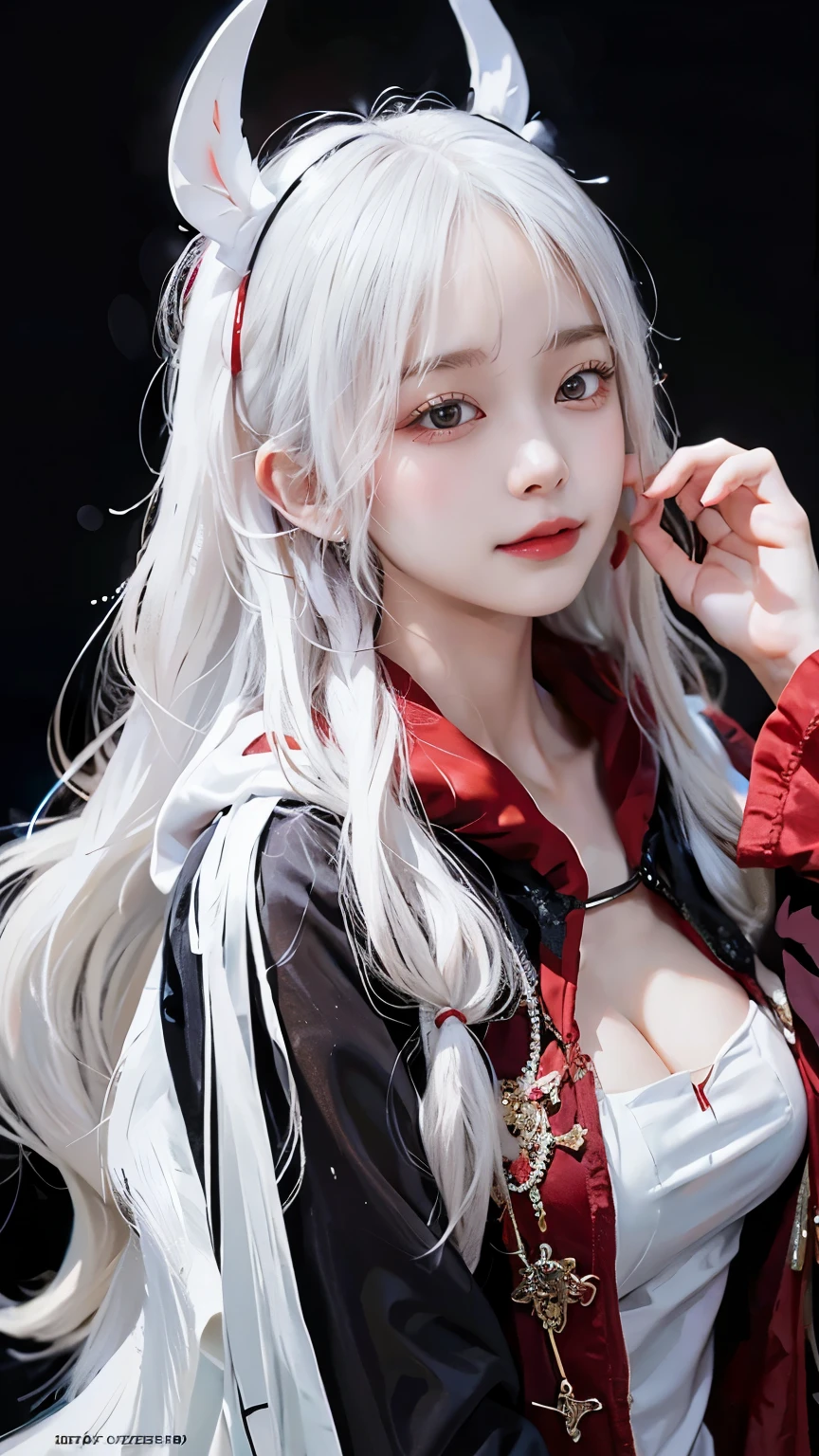 Long white hair - Red eyes - Black hair accessory - Hoodie - Elegant - Mysterious - Less revealing - Modest - Unique - Smiling - Attractive - Presence