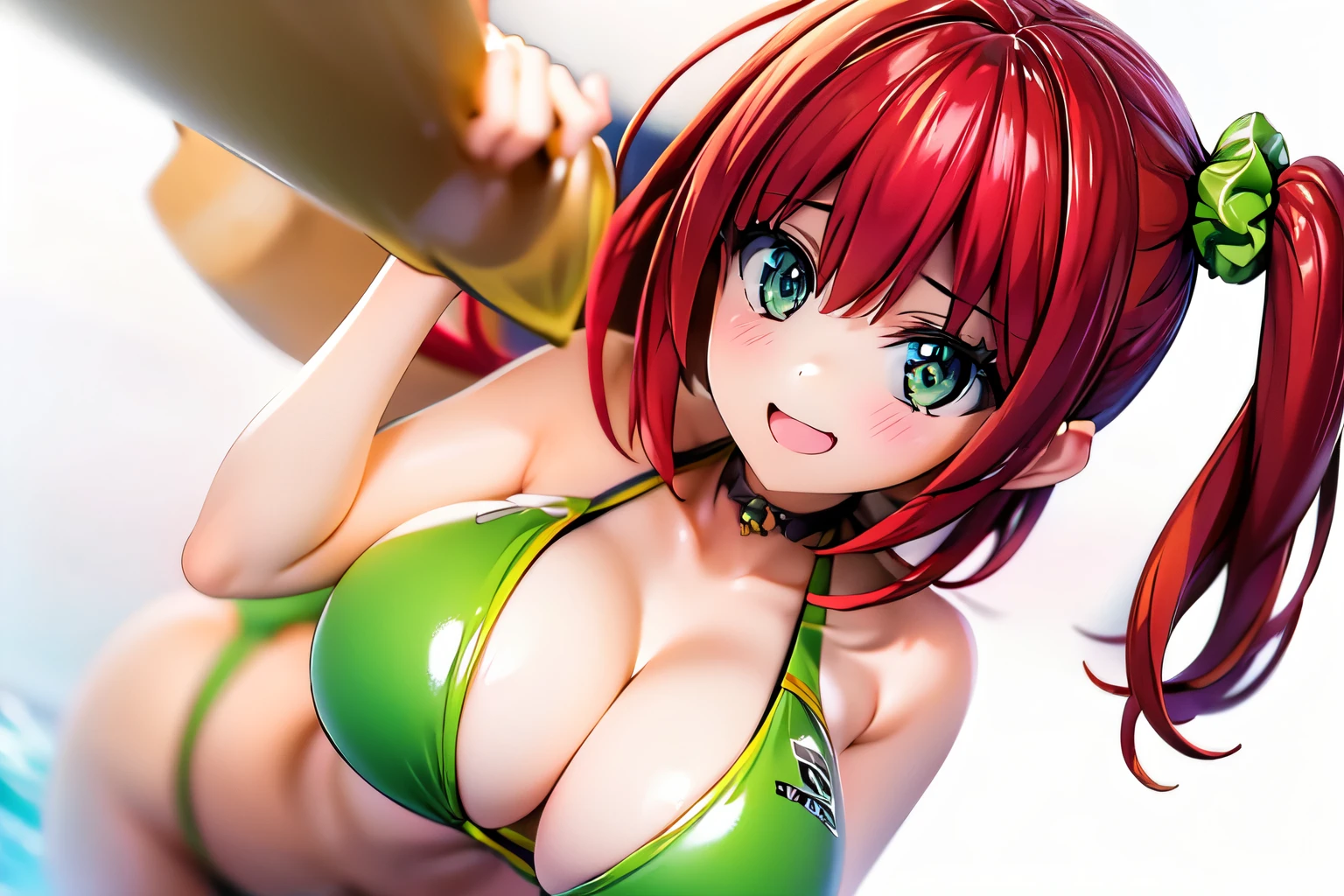 best quality, masterpiece, extremely detailed CG, official art , professional lighting, detailed background, sakimiyairuka, red hair, green eyes,(one side up), medium hair, side ponytail, green scrunchie, hair ornament, shiny skin, smile, big breasts, big ass, micro bikini, collar, beach,