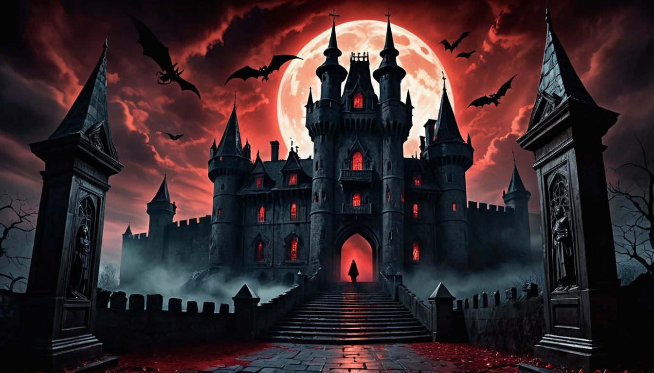 dramatic lighting, nightmare huge castle, dark castle, Vlad the Impaler castle, haunting atmosphere, eerie shadows, disturbing figures, blood-red sky, menacing presence, ancient secrets, chilling silence, macabre details, stone gargoyles, sinister corridors, paranormal activity, foreboding aura, unsettling vibes, haunted history, ghostly apparitions, tormenting nightmares, spine-chilling screams, bone-chilling terror, lingering fear, eerie whispers, dread-filled atmosphere, suffocating darkness, supernatural horrors, nightmarish visions, bone-chilling cold, malevolent energy, ominous presence, demonic rituals, cursed souls, twisted reality, unsettling echoes, forbidden rituals, hauntingly beautiful, eternal torment, ghostly illusions.