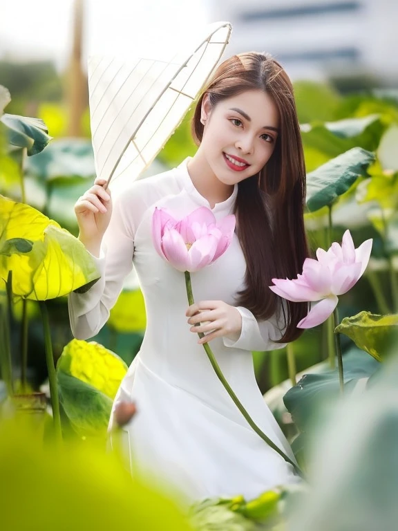 Aarav woman in a white dress holds a white umbrella and pink flowers, Vietnamese woman, Asian girl, beautiful Asian girl, Ao Dai, attractive woman, asian woman, asian woman, standing gracefully upon a lotus, Tomorrow, Tran., cute woman, sitting on a lotus, Huang Long Lee, young Asian girl, beautiful asian woman, an asian woman