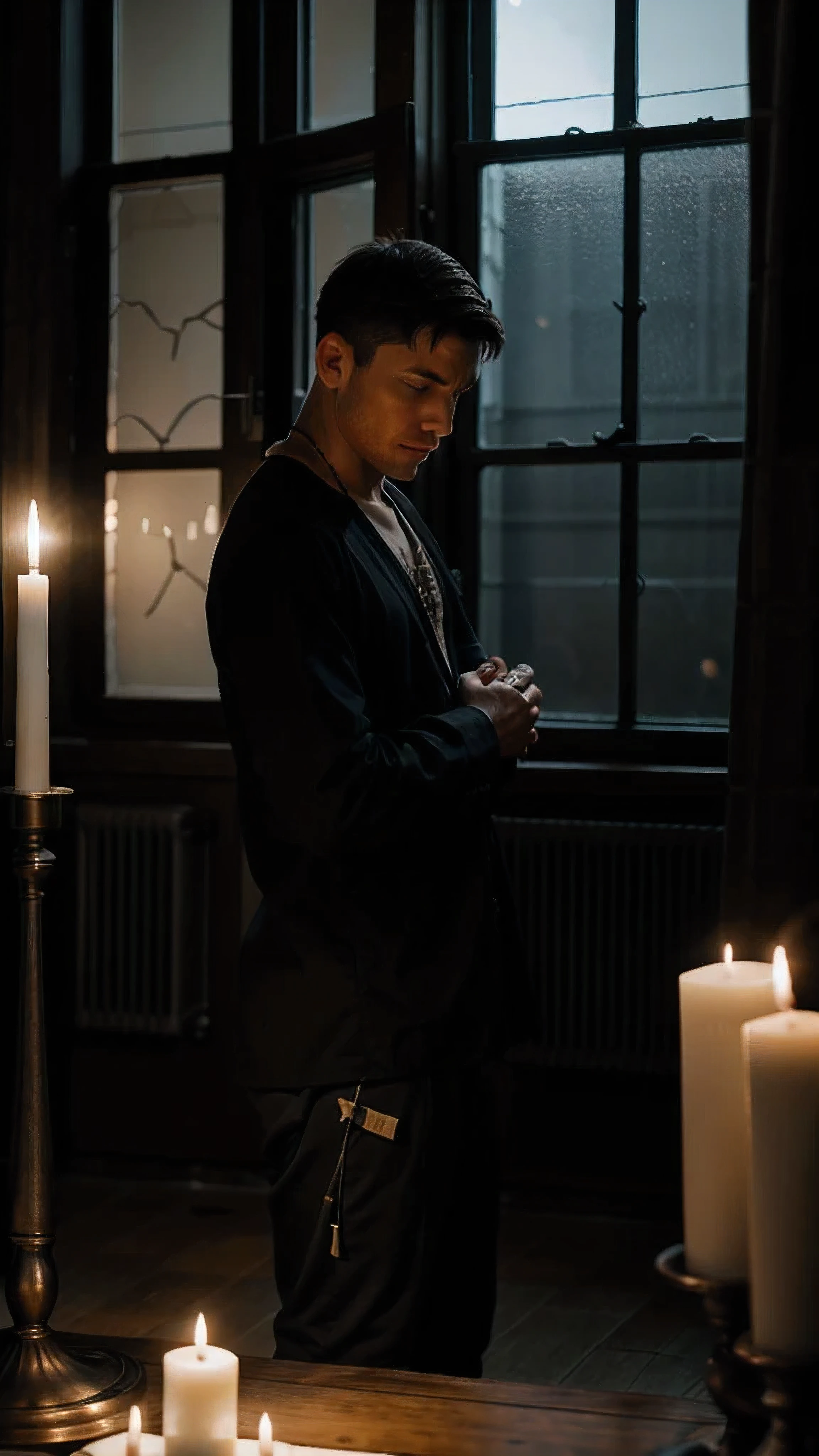 A man Praying Next to some candles and in the background a crucifix on the window